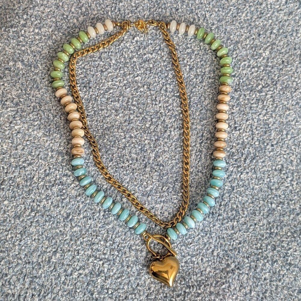 Layered Statement Necklace Blue Green White Bead Gold Plated Chain Heart Pendant
